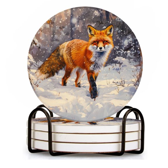 BaHomeck Drink Coasters Set of 4 with Holder red fox in the snow Water Absorbent Ceramic Coasters Tabletop Protection,Suitable for Various Cup ,Home Decor
