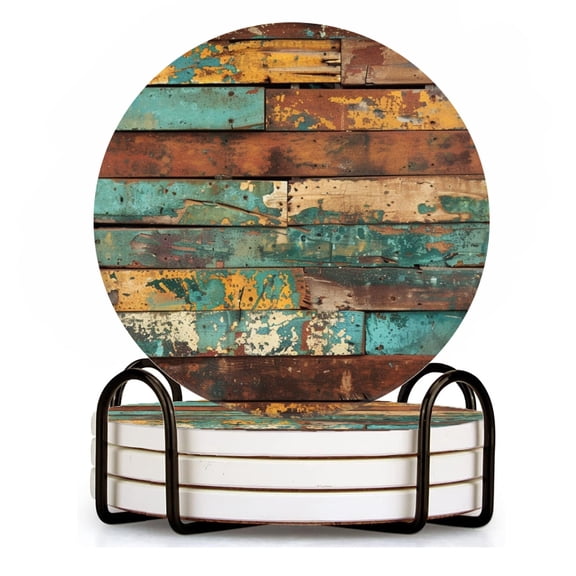 BaHomeck Drink Coasters Set of 4 with Holder rustic wooden wall with weathered and distressed textures Water Absorbent Ceramic Coasters Tabletop Protection,Suitable for Various Cup ,Home Decor