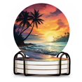 thumbnail image 1 of BaHomeck Drink Coasters Set of 4 with Holder stunning sunset on the beach with palm trees and waves Water Absorbent Ceramic Coasters Tabletop Protection,Suitable for Various Cup ,Home Decor, 1 of 4