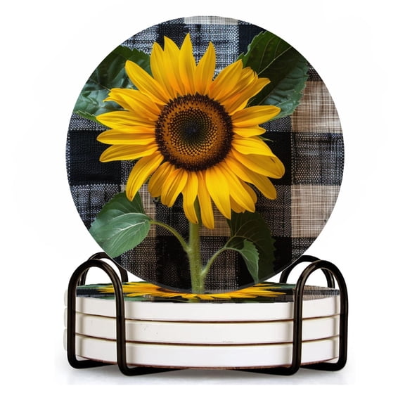 BaHomeck Drink Coasters Set of 4 with Holder sunflower on checkered Water Absorbent Ceramic Coasters Tabletop Protection,Suitable for Various Cup ,Home Decor