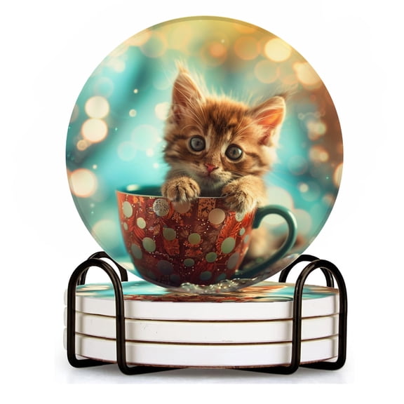 BaHomeck Drink Coasters Set of 4 with Holder tiny kitten sits in ornate polka-dotted coffee cup Water Absorbent Ceramic Coasters Tabletop Protection,Suitable for Various Cup ,Home Decor