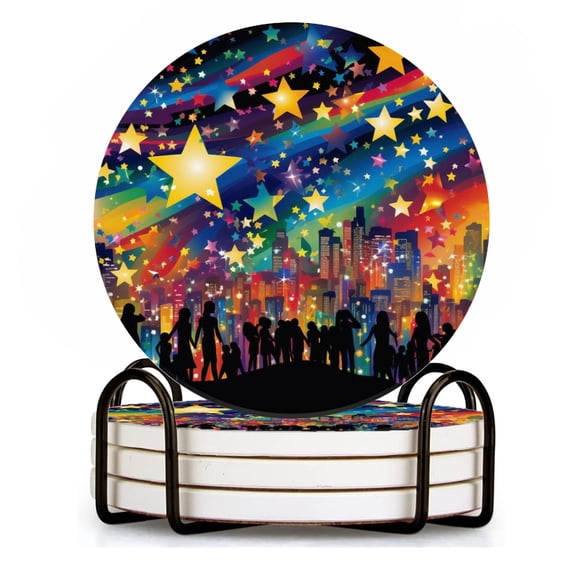BaHomeck Drink Coasters Set of 4 with Holder vibrant cityscape with skyscrapers and bustling crowds Water Absorbent Ceramic Coasters Tabletop Protection,Suitable for Various Cup ,Home Decor