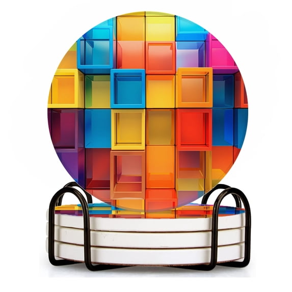BaHomeck Drink Coasters Set of 4 with Holder vibrant color blocks arranged neatly together Water Absorbent Ceramic Coasters Tabletop Protection,Suitable for Various Cup ,Home Decor