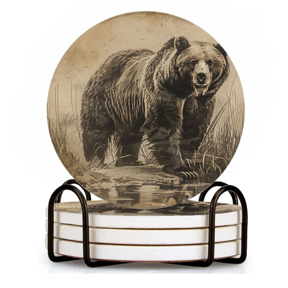 BaHomeck Drink Coasters Set of 4 with Holder vintage illustration of old grizzly bear standing in the water Water Absorbent Ceramic Coasters Tabletop Protection,Suitable for Various Cup ,Home Decor
