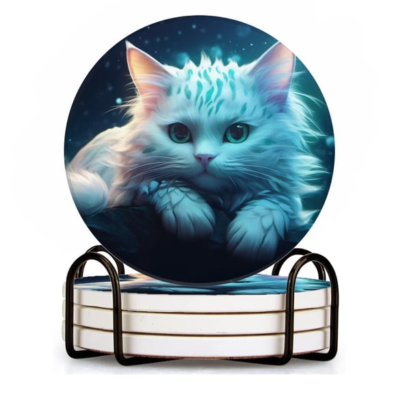 BaHomeck Drink Coasters Set of 4 with Holder white cat with ice blue fur Water Absorbent Ceramic Coasters Tabletop Protection,Suitable for Various Cup ,Home Decor