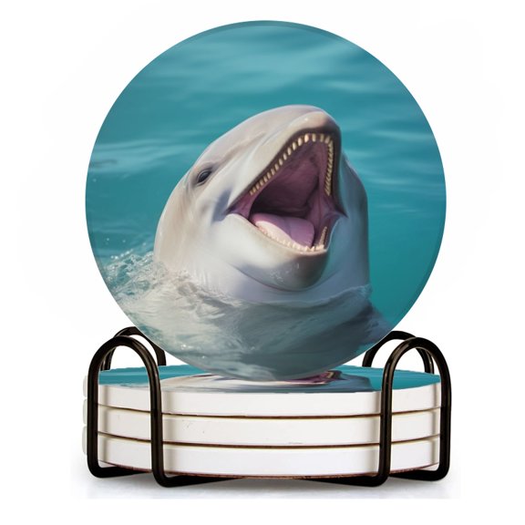 BaHomeck Drink Coasters Set of 4 with Holder white dolphin with open mouth laughing in the water Water Absorbent Ceramic Coasters Tabletop Protection,Suitable for Various Cup ,Home Decor