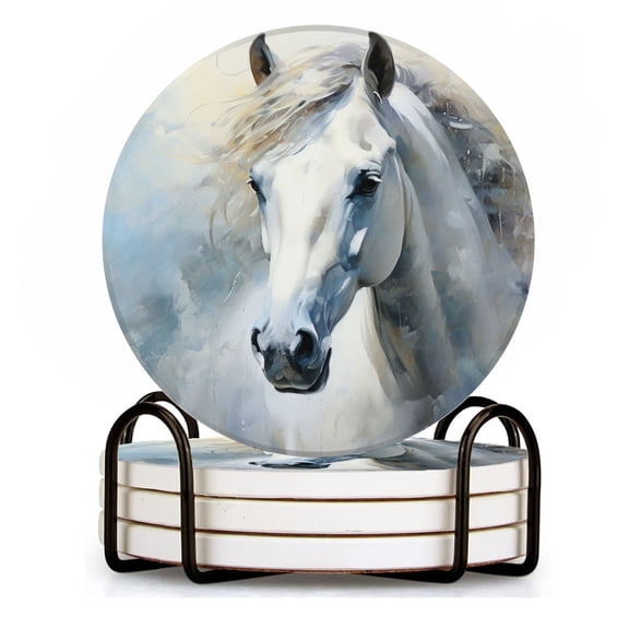 BaHomeck Drink Coasters Set of 4 with Holder white horse's with a flowing mane Water Absorbent Ceramic Coasters Tabletop Protection,Suitable for Various Cup ,Home Decor