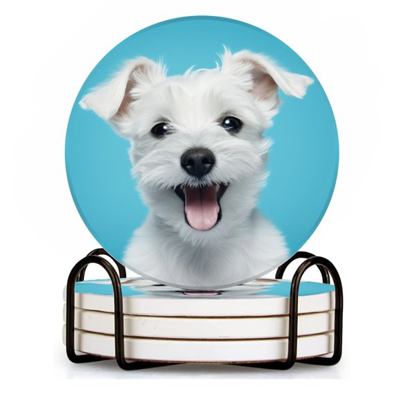 BaHomeck Drink Coasters Set of 4 with Holder white puppy on blue background with happy face Water Absorbent Ceramic Coasters Tabletop Protection,Suitable for Various Cup ,Home Decor