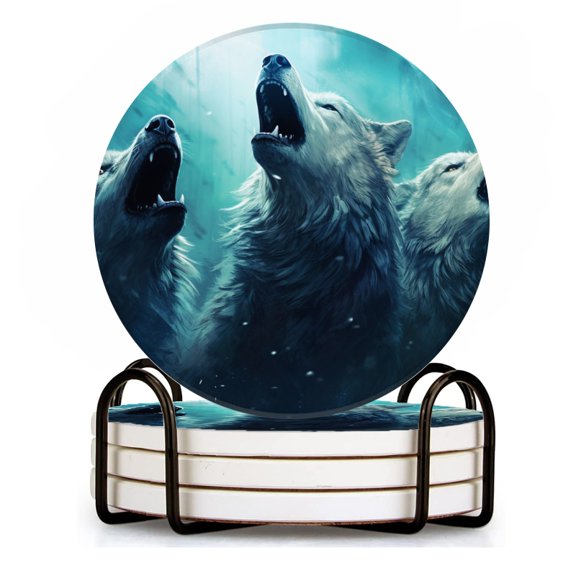 BaHomeck Drink Coasters Set of 4 with Holder white wolves howling in the style of fantasy art Water Absorbent Ceramic Coasters Tabletop Protection,Suitable for Various Cup ,Home Decor