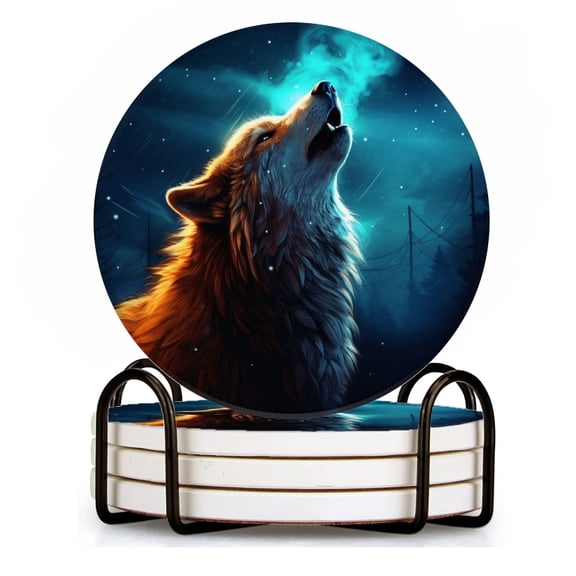 BaHomeck Drink Coasters Set of 4 with Holder wolf howling at the moon in enchanted forest Water Absorbent Ceramic Coasters Tabletop Protection,Suitable for Various Cup ,Home Decor