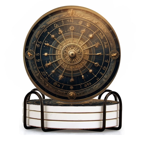 BaHomeck Drink Coasters Set of 4 with Holder zodiac wheel surrounded by golden astrological Water Absorbent Ceramic Coasters Tabletop Protection,Suitable for Various Cup ,Home Decor