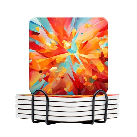 BaHomeck Drink Coasters Set Of 6 With Holder Abstract Explosion Of Colorful Geometric Shapes Water Absorbent Ceramic Coasters Tabletop Protection,Suitable For Various Cup,Home Decor
