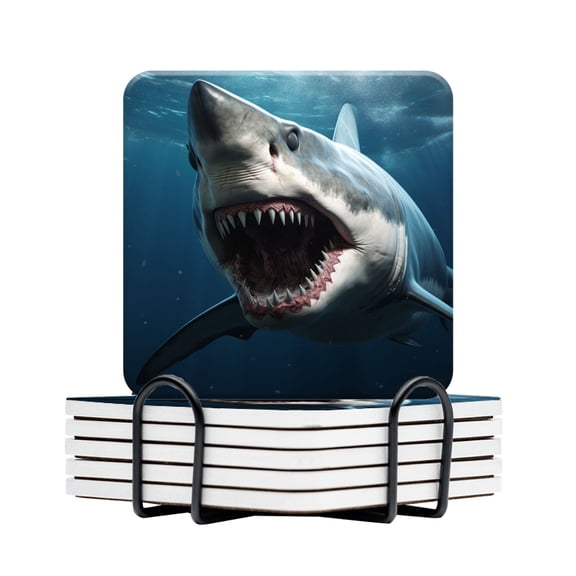 BaHomeck Drink Coasters Set Of 6 With Holder Aggressive White Shark With Mouth Open Water Absorbent Ceramic Coasters Tabletop Protection,Suitable For Various Cup,Home Decor