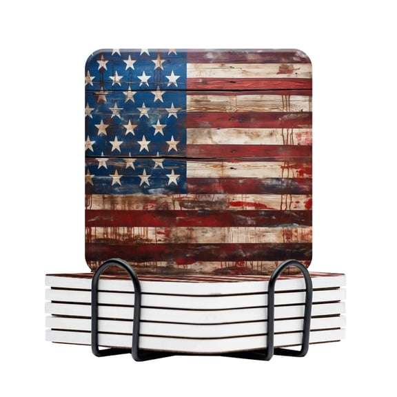 BaHomeck Drink Coasters Set Of 6 With Holder American Flag On Distressed Wood In Vintage Style Water Absorbent Ceramic Coasters Tabletop Protection,Suitable For Various Cup,Home Decor