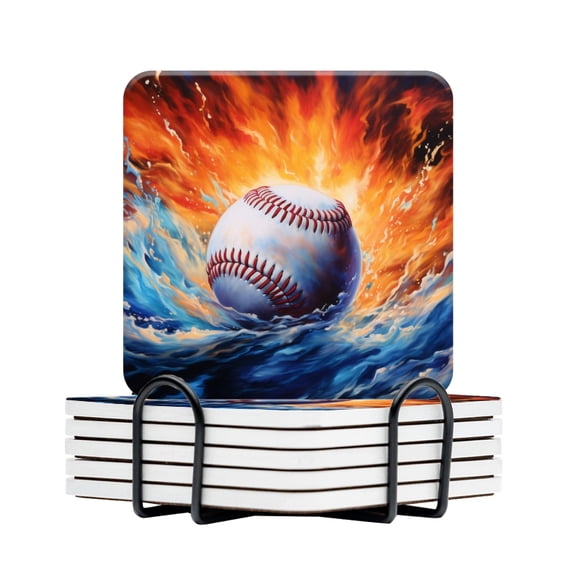 BaHomeck Drink Coasters Set Of 6 With Holder Baseball Surrounded By Swirling Water And Fire Water Absorbent Ceramic Coasters Tabletop Protection,Suitable For Various Cup,Home Decor