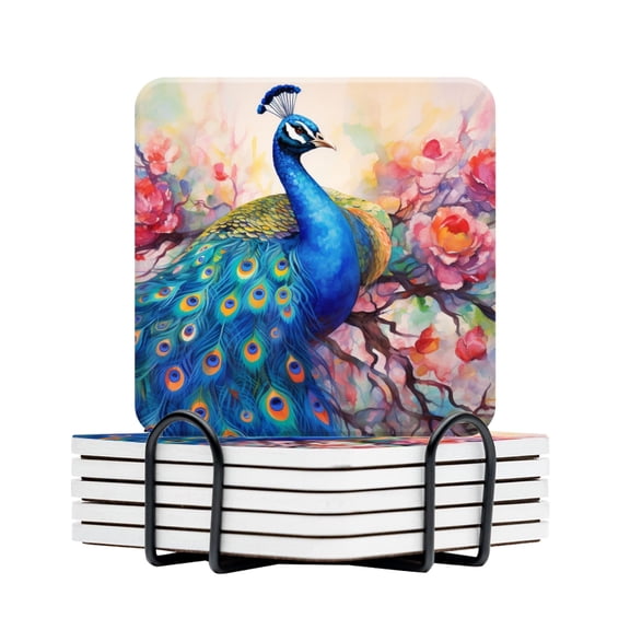 BaHomeck Drink Coasters Set Of 6 With Holder Beautiful Blue Peacock With Vibrant Feathers Water Absorbent Ceramic Coasters Tabletop Protection,Suitable For Various Cup,Home Decor