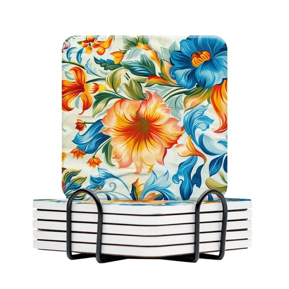 BaHomeck Drink Coasters Set Of 6 With Holder Beautiful Floral Pattern In The Style Of Russian Folk Art Water Absorbent Ceramic Coasters Tabletop Protection,Suitable For Various Cup,Home Decor