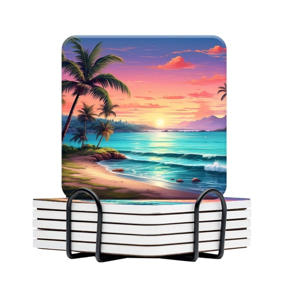 BaHomeck Drink Coasters Set Of 6 With Holder Beautiful Tropical Beach With Palm Trees And The Sun Setting Water Absorbent Ceramic Coasters Tabletop Protection,Suitable For Various Cup,Home Decor