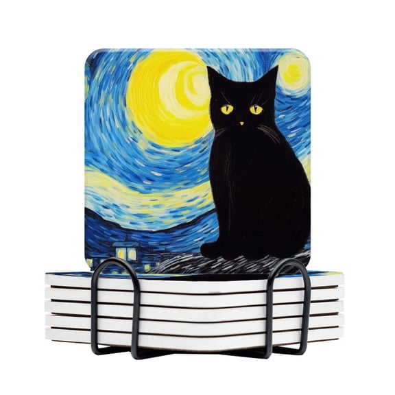 BaHomeck Drink Coasters Set Of 6 With Holder Black Cat Starry Night Water Absorbent Ceramic Coasters Tabletop Protection,Suitable For Various Cup,Home Decor