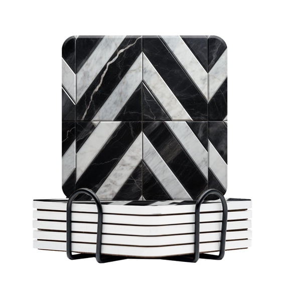 BaHomeck Drink Coasters Set Of 6 With Holder Black And White Marble With Diagonal Pattern Water Absorbent Ceramic Coasters Tabletop Protection,Suitable For Various Cup,Home Decor