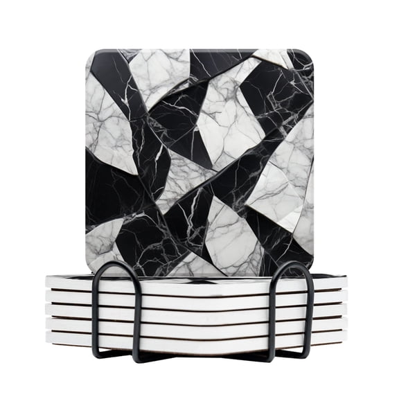 BaHomeck Drink Coasters Set Of 6 With Holder Black And White Marble Pattern With Geometric Shapes Water Absorbent Ceramic Coasters Tabletop Protection,Suitable For Various Cup,Home Decor