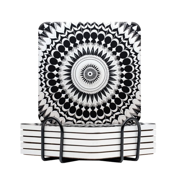 BaHomeck Drink Coasters Set Of 6 With Holder Black And White Pattern Forming Elaborate Mandala Water Absorbent Ceramic Coasters Tabletop Protection,Suitable For Various Cup,Home Decor