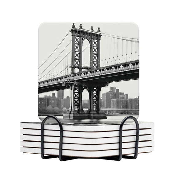 BaHomeck Drink Coasters Set Of 6 With Holder Black And White Photo Of The Manhattan Bridge Water Absorbent Ceramic Coasters Tabletop Protection,Suitable For Various Cup,Home Decor