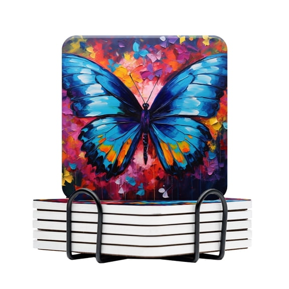 BaHomeck Drink Coasters Set Of 6 With Holder Blue Butterfly With Colorful Wings Flying Water Absorbent Ceramic Coasters Tabletop Protection,Suitable For Various Cup,Home Decor