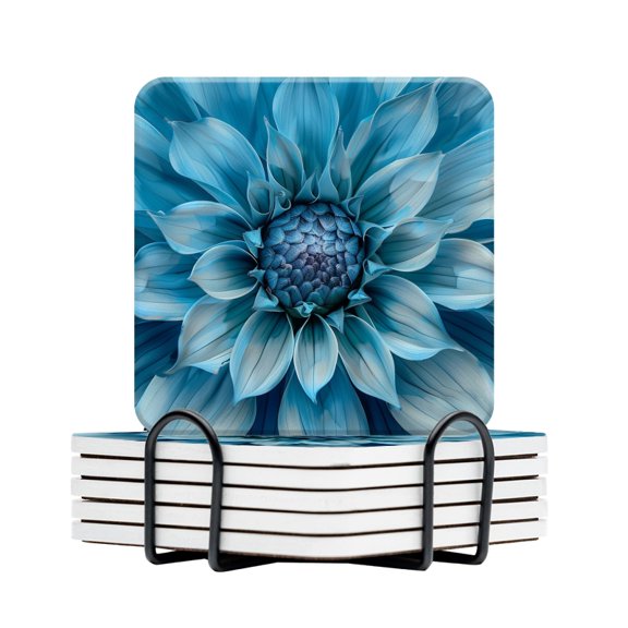 BaHomeck Drink Coasters Set Of 6 With Holder Blue Dahlia Flower With Petals In Shades Of Light Water Absorbent Ceramic Coasters Tabletop Protection,Suitable For Various Cup,Home Decor