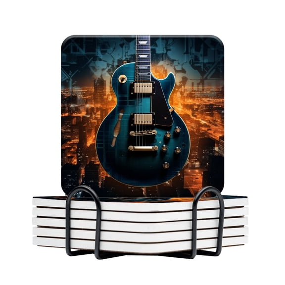 BaHomeck Drink Coasters Set Of 6 With Holder Blue Guitar Floating Over The City Of Chicago Water Absorbent Ceramic Coasters Tabletop Protection,Suitable For Various Cup,Home Decor