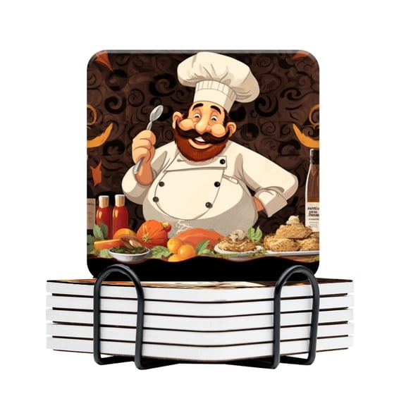 BaHomeck Drink Coasters Set Of 6 With Holder Cartoon Chef Holds Up Spoon While Standing Water Absorbent Ceramic Coasters Tabletop Protection,Suitable For Various Cup,Home Decor