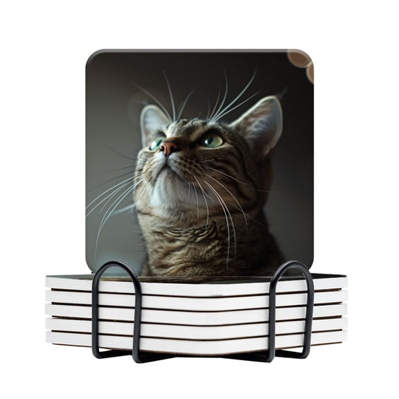 BaHomeck Drink Coasters Set Of 6 With Holder The Cat Looking Up At The Ceiling Shot From Below Water Absorbent Ceramic Coasters Tabletop Protection,Suitable For Various Cup,Home Decor