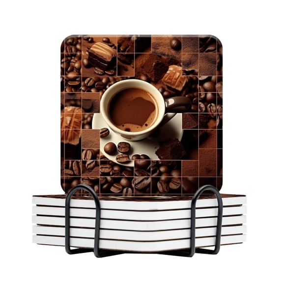 BaHomeck Drink Coasters Set Of 6 With Holder Coffee And Chocolate-Themed Mosaic Background Water Absorbent Ceramic Coasters Tabletop Protection,Suitable For Various Cup,Home Decor