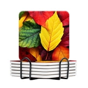 BaHomeck Drink Coasters Set Of 6 With Holder Colorful Autumn Leaves In Red And Green Hues Water Absorbent Ceramic Coasters Tabletop Protection,Suitable For Various Cup,Home Decor