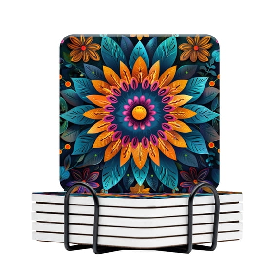 BaHomeck Drink Coasters Set Of 6 With Holder Colorful Paper-Cut Style Mandala Made Of Leaves And Flowers Water Absorbent Ceramic Coasters Tabletop Protection,Suitable For Various Cup,Home Decor