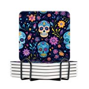 BaHomeck Drink Coasters Set Of 6 With Holder Colorful Skulls Faces Adorned In Vibrant Hues Water Absorbent Ceramic Coasters Tabletop Protection,Suitable For Various Cup,Home Decor