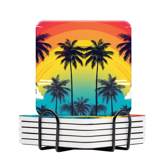 BaHomeck Drink Coasters Set Of 6 With Holder Colorful Vector Illustration Of Palm Tree Silhouettes Water Absorbent Ceramic Coasters Tabletop Protection,Suitable For Various Cup,Home Decor