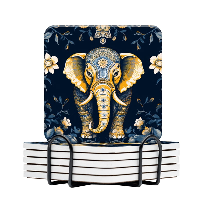 BaHomeck Drink Coasters Set Of 6 With Holder Dark Blue Background With ...