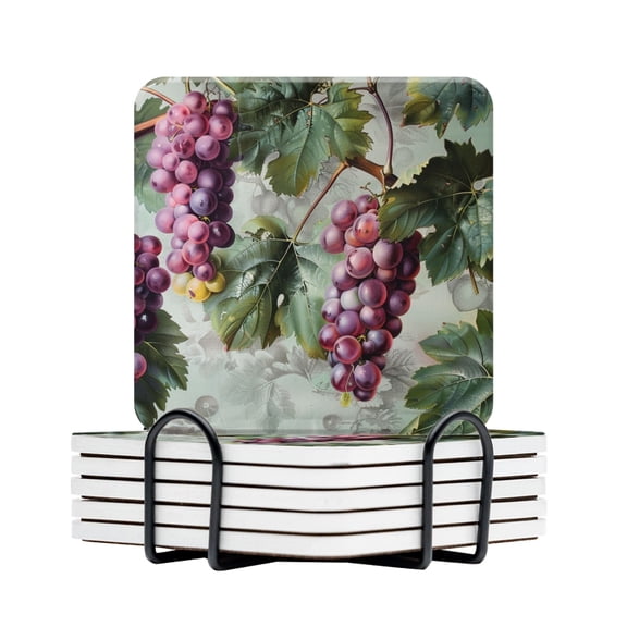 BaHomeck Drink Coasters Set Of 6 With Holder Detailed Botanical Of Grapes With Leaves And Branches Water Absorbent Ceramic Coasters Tabletop Protection,Suitable For Various Cup,Home Decor