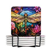 BaHomeck Drink Coasters Set Of 6 With Holder Dragonfly With Wings Spread Wide And Colorful Hues Water Absorbent Ceramic Coasters Tabletop Protection,Suitable For Various Cup,Home Decor