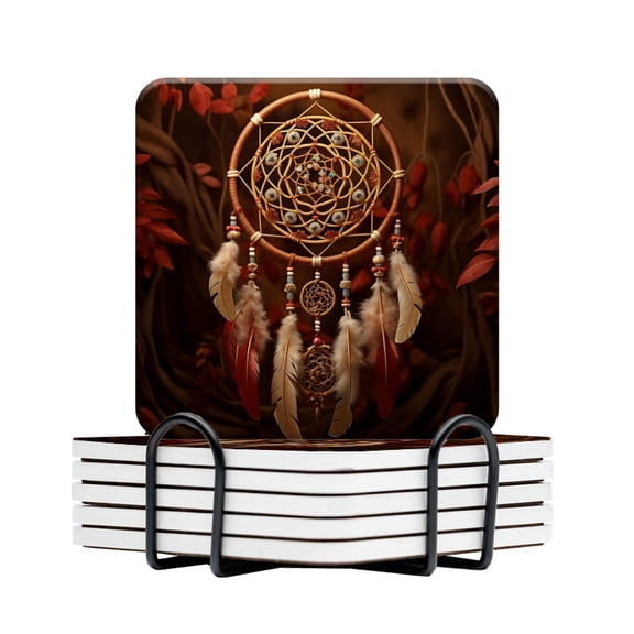 BaHomeck Drink Coasters Set Of 6 With Holder Dreamcatcher With Feathers And Beads On Brown Background Water Absorbent Ceramic Coasters Tabletop Protection,Suitable For Various Cup,Home Decor