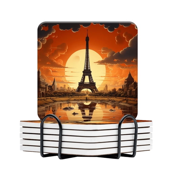 BaHomeck Drink Coasters Set Of 6 With Holder Eiffel Tower In Paris During The Autumn Season Water Absorbent Ceramic Coasters Tabletop Protection,Suitable For Various Cup,Home Decor