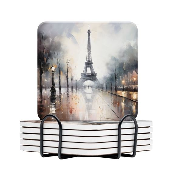 BaHomeck Drink Coasters Set Of 6 With Holder Eiffel Tower In Paris Surrounded By Trees And Street Lamps Water Absorbent Ceramic Coasters Tabletop Protection,Suitable For Various Cup,Home Decor
