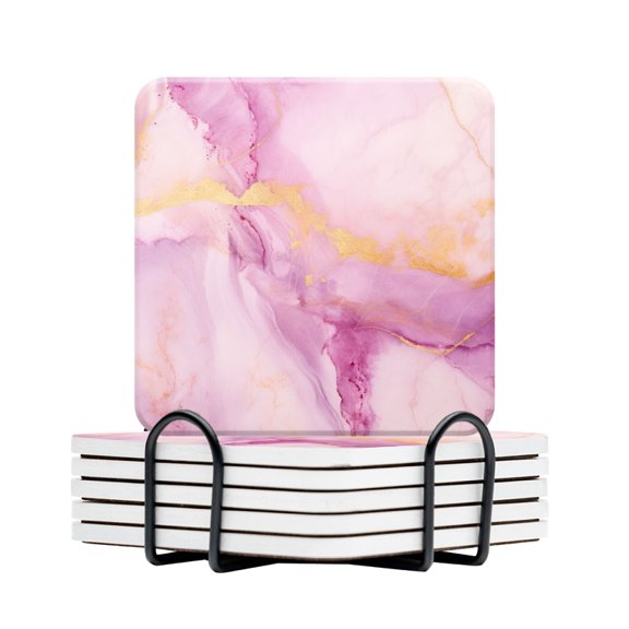 BaHomeck Drink Coasters Set Of 6 With Holder Elegant Lilac And Pink Watercolor Background With Golden Veins Water Absorbent Ceramic Coasters Tabletop Protection,Suitable For Various Cup,Home Decor