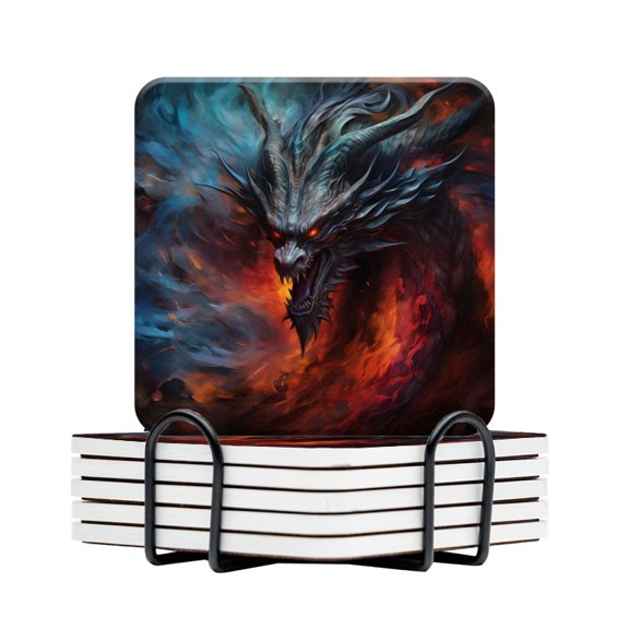 BaHomeck Drink Coasters Set Of 6 With Holder Fierce Dragon With Scales Of Shimmering Blue And Fiery Red Water Absorbent Ceramic Coasters Tabletop Protection,Suitable For Various Cup,Home Decor