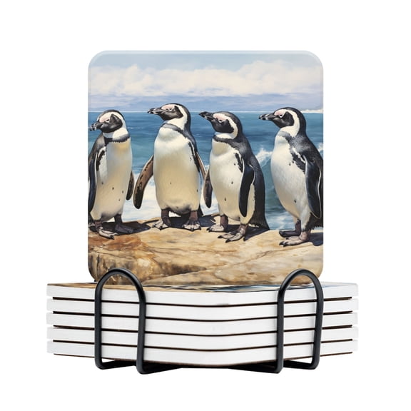 BaHomeck Drink Coasters Set Of 6 With Holder Four African Penguins Standing On The Edge Of Ocean Cliff Water Absorbent Ceramic Coasters Tabletop Protection,Suitable For Various Cup,Home Decor