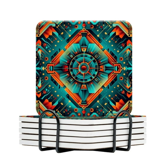 BaHomeck Drink Coasters Set Of 6 With Holder The Futuristic Style Of Aztec Architecture And Robot Motifs Water Absorbent Ceramic Coasters Tabletop Protection,Suitable For Various Cup,Home Decor