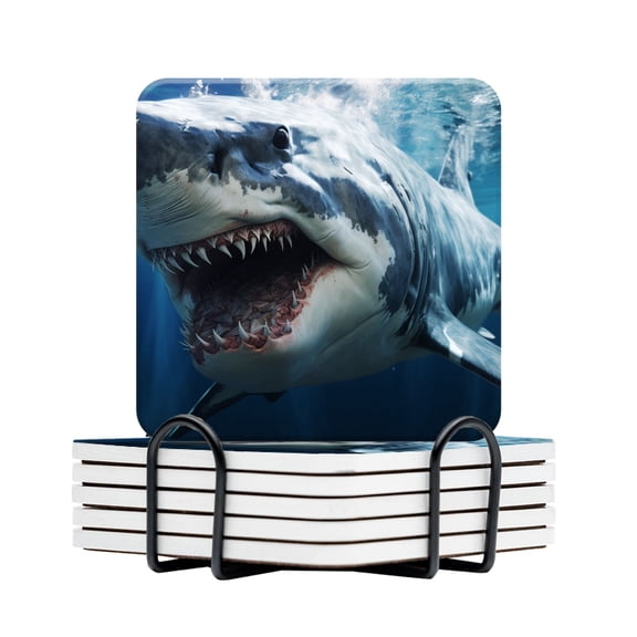 BaHomeck Drink Coasters Set Of 6 With Holder Great White Shark Is Mouth Open With Sharp Teeth Water Absorbent Ceramic Coasters Tabletop Protection,Suitable For Various Cup,Home Decor