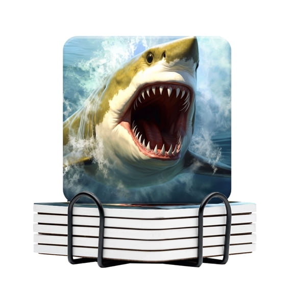 BaHomeck Drink Coasters Set Of 6 With Holder Great White Shark With Mouth Open And Wide Eyes Water Absorbent Ceramic Coasters Tabletop Protection,Suitable For Various Cup,Home Decor