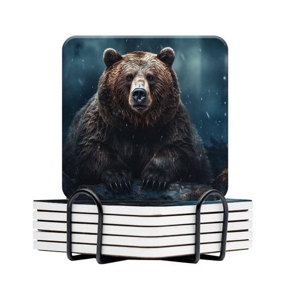 BaHomeck Drink Coasters Set Of 6 With Holder Grizzly Bear Sitting On Rocks In The Dark Forest Water Absorbent Ceramic Coasters Tabletop Protection,Suitable For Various Cup,Home Decor
